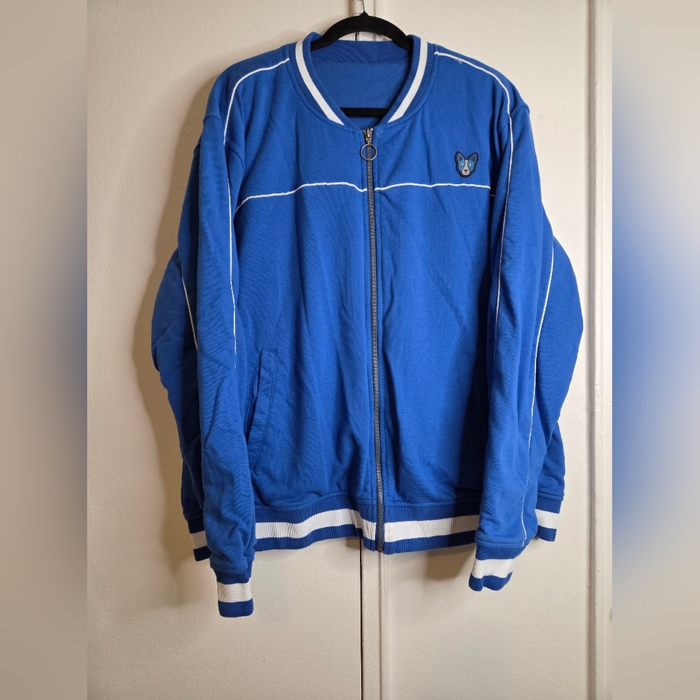 Blue Zip-Up Bomber Jacket with White Trim